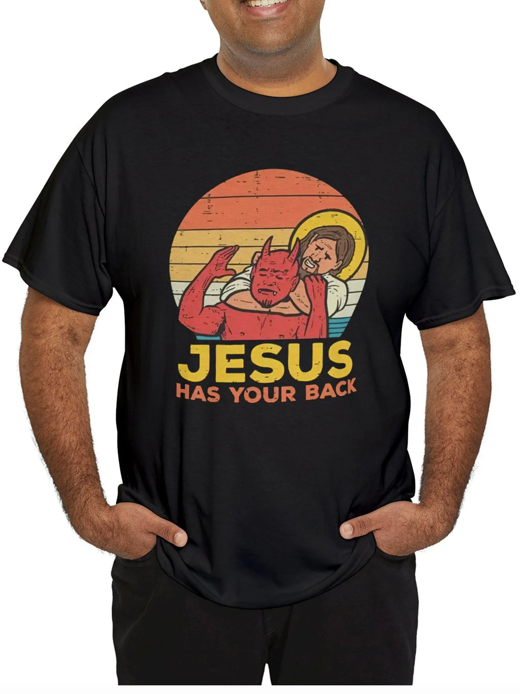 Men's Casual Graphic T-Shirt - "Jesus Has Your Back" Design, Comfy Cotton Short Sleeve Tee for Summer