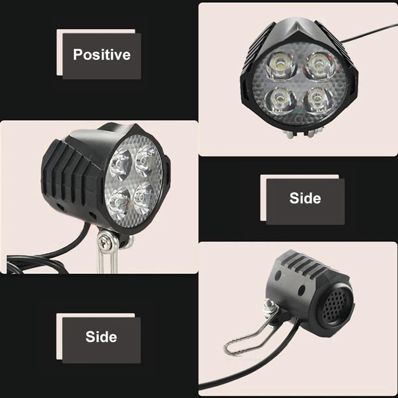 E-Bike 12V 24V 36V 48V 60V 72V Electric Bicycle Light with Horn Waterproof IPX4 Headlight Horn Set Front Headlight Horn Set