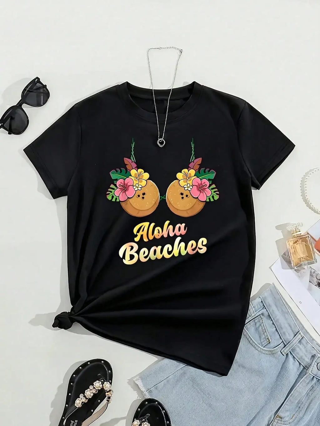 Beach Party Tee | Women's Aloha Floral Print – Quick-Dry Cotton Crew Neck for Travel & Casual Glam, Stretchy