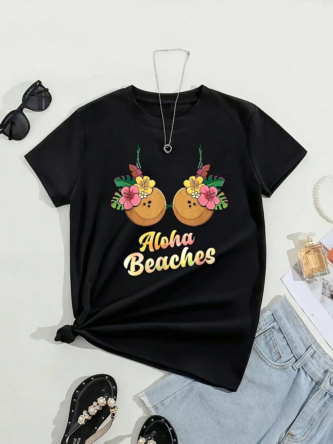 Beach Party Tee | Women's Aloha Floral Print – Quick-Dry Cotton Crew Neck for Travel & Casual Glam, Stretchy