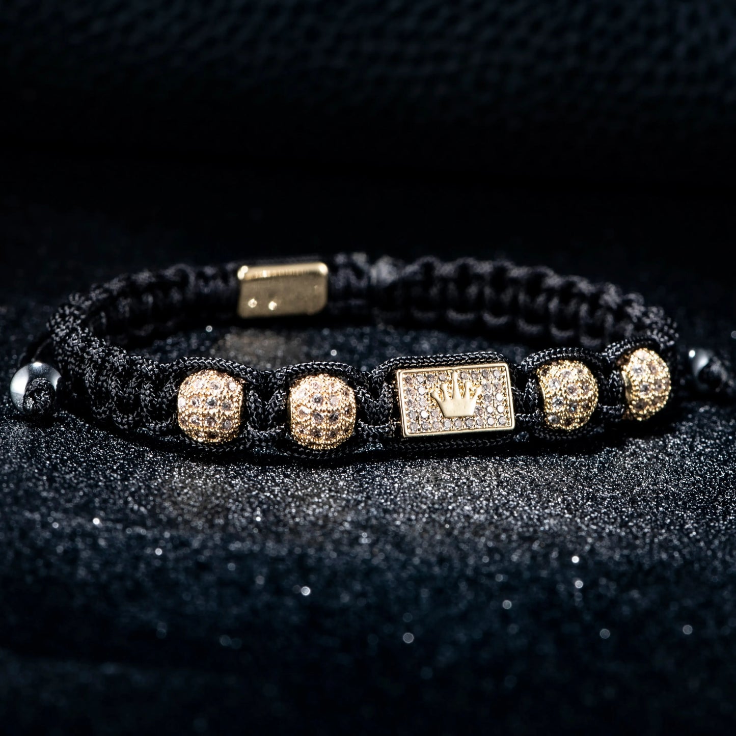 New Men's Adjustable Black Braided Crown Design Bracelet with Sparkling Synthetic Zirconia Stones Elegant GoldenTone Rectangular