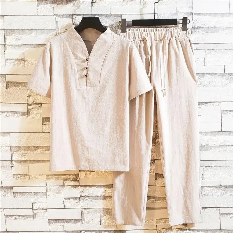 Chinese Style Linen Suit Men's Summer Short Sleeve Hanfu Ancient Buddhist System Zhenshi V-neck T-shirt Cotton Linen 2-piece Set