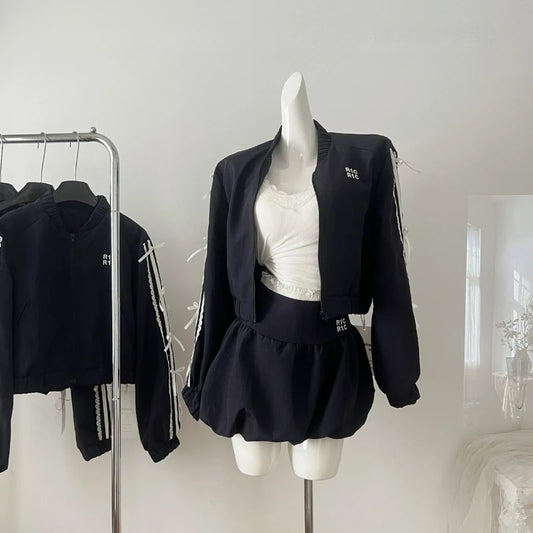 Autumn New Aesthetics Elegant 2 Piece Skirt Set Women Vintage Sport Wear Coat + Mini Casual Skirt Female High Street Chic Sets