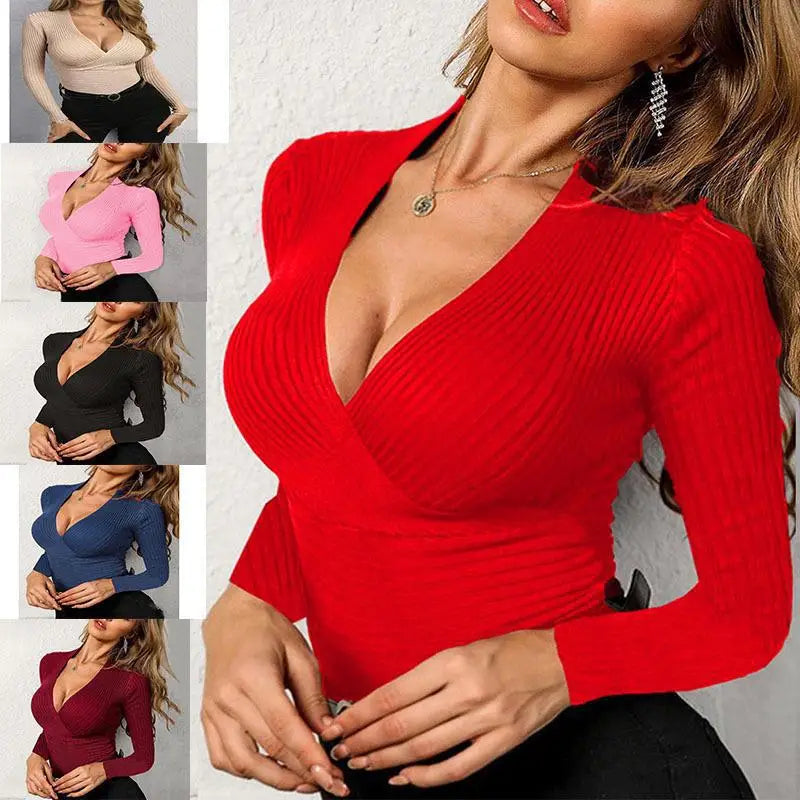 Fashion Woman Clothing Deep V Neck Long Sleeve Knitted High Strecth Ribbed Wrap Slim Fit Solid Sexy Female Top T-Shirt