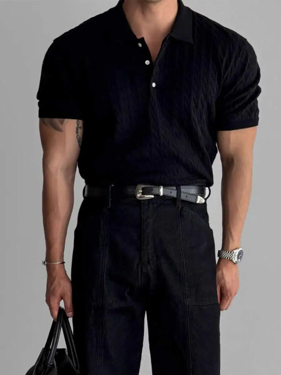 American Sle Hard Man Knitted  irt Muscle Men Slim Fit Elastic ort Sve Turn-down Collar Sweatirt Tight Sve ...