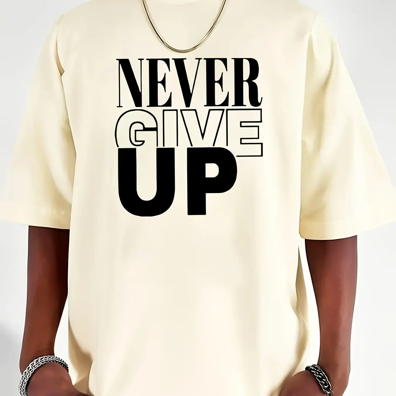 Men's summer 100 cotton fashionable casual sports loose Never give up letter printed round neck short sleeved T-shirt top