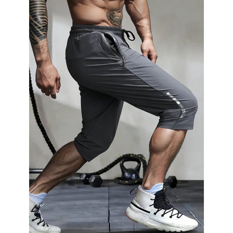 Men's Summer Casual Sports Shorts High Elastic Waist Drawstring Cropped Pants Seven Running Basketball Beach Sweatsuit Black