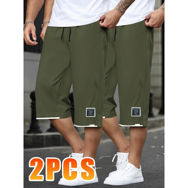 2 Pieces Of Men's Running Casual Lace-Up Cropped Pants Summer Outdoor Sports Basketball Shorts Ventilate Sweatsuit Beach Gym