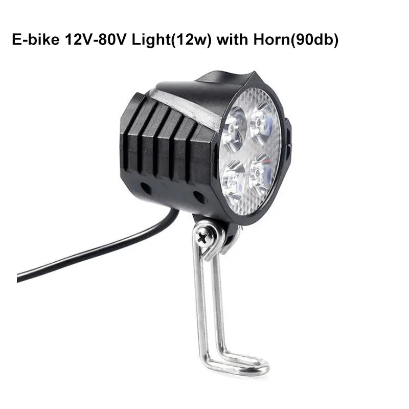 E-Bike 12V 24V 36V 48V 60V 72V Electric Bicycle Light with Horn Waterproof IPX4 Headlight Horn Set Front Headlight Horn Set