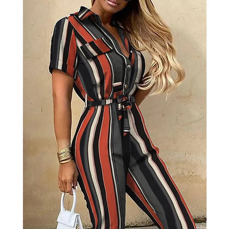Women's Monochrome Jumpsuit 2024 Spring/Summer Comfortable Casual Flip Collar Printed Belt Work Dress Women's Jumpsuit