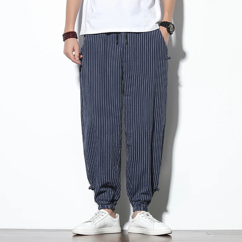 Japanese Style Summer Thin Section Stripes Harem Pants Men Cotton Fashion Disc Buckle Breathable Linen Pants Men Plus Size 5XL