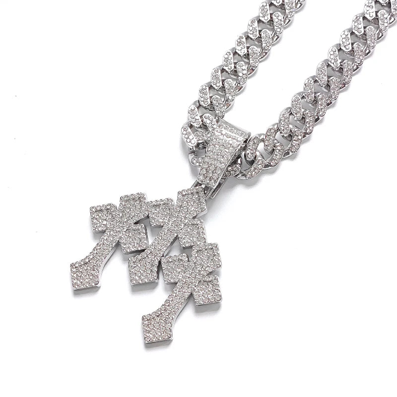 New Iced Out Stacked Crosses Pendant Necklaces for Men With 13mm Cuban Chain Hip Hop Cross Rhinestone Jewelry pendant Gift