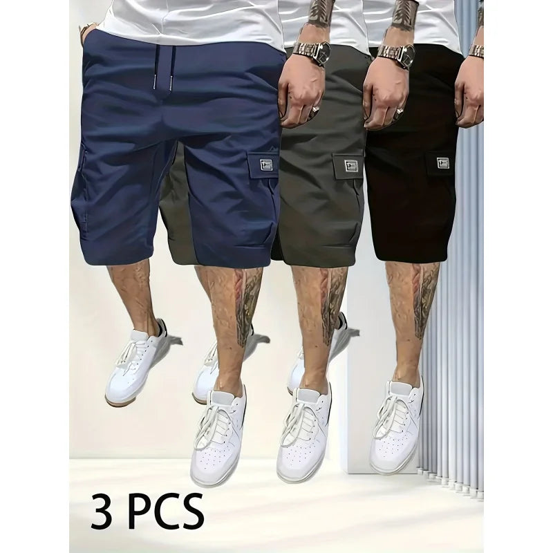 3pcs Tactical Shorts Short Gym Man Men's Cargo Pants  Casual Loose Large Pockets Letter Print Short-fitting Jeans