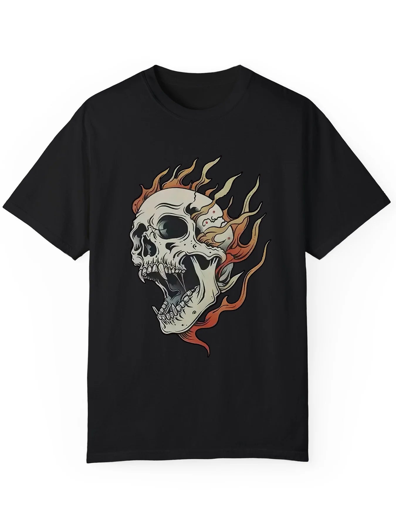 1pc DERNM Men's Summer T-Shirt - 100% Cotton Crew Neck Short Sleeve Top with Skull Flame Design