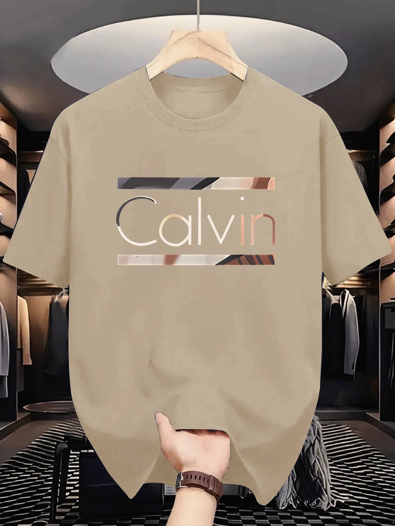 Women Casual Athletic Short Sleeve T-Shirt - Summer Sportswear with "CALVIN" Graphic Print Beige  Lightweight Polyester Fabric