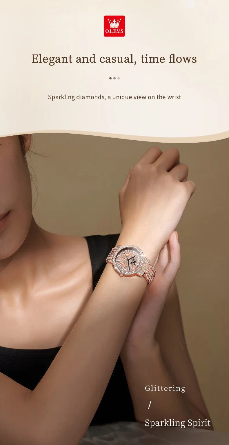 OLEVS Women's Watches Luxury Elegant Full Diamonds Original Quartz Watch for Man Waterproof Stainless Steel Gift Box Bracelet