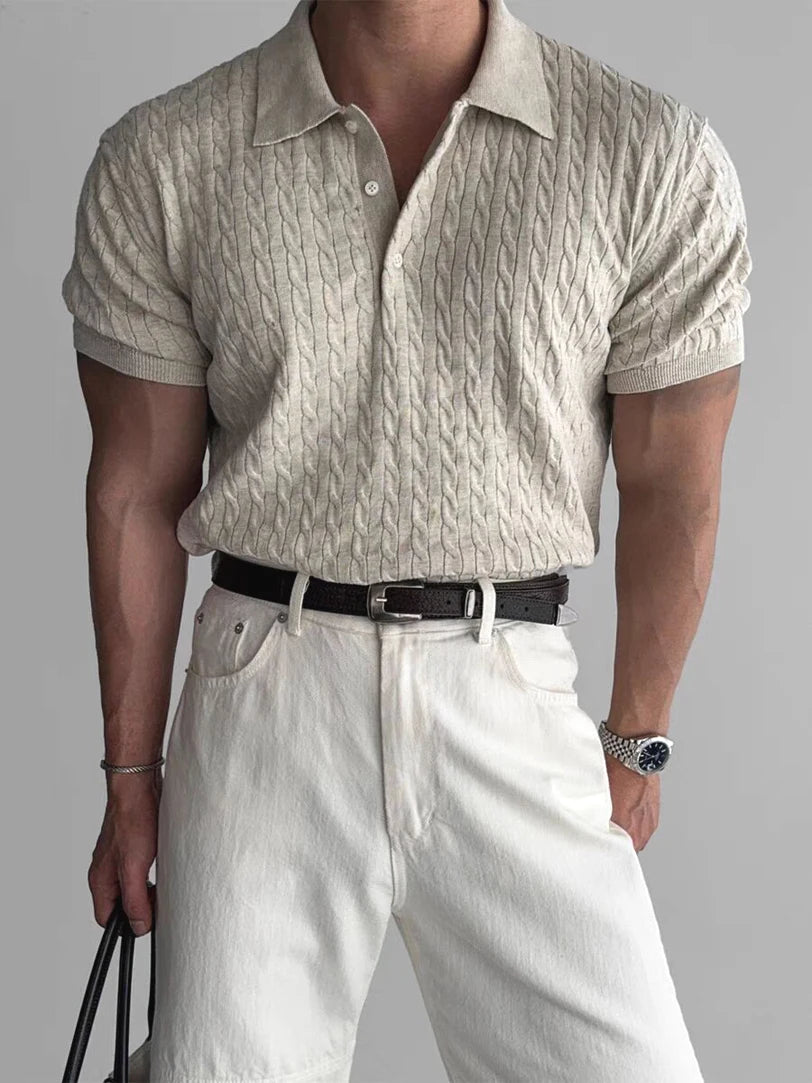 American Sle Hard Man Knitted  irt Muscle Men Slim Fit Elastic ort Sve Turn-down Collar Sweatirt Tight Sve ...