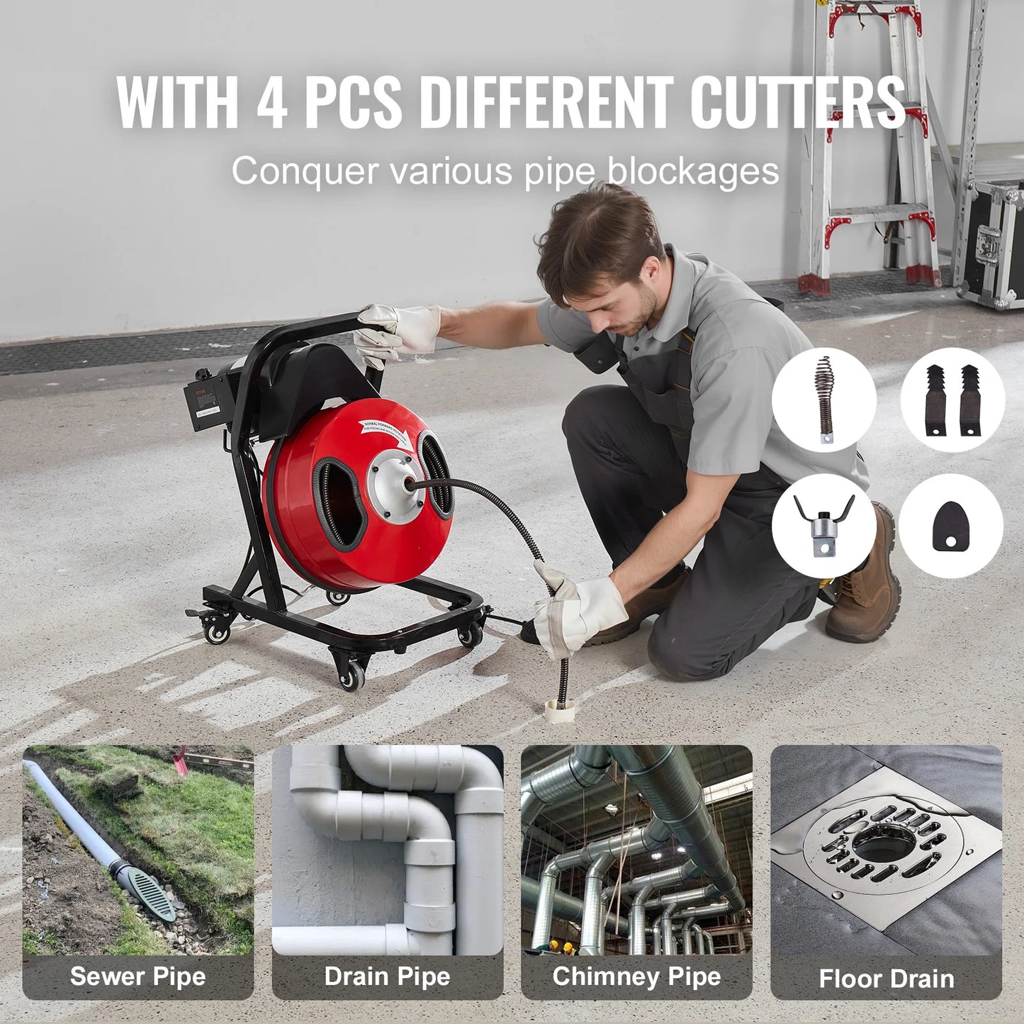 SucceBuy Drain Cleaner Machine 50 FT x 1/2 Inch Manual Feed Sewer Snake Auger with Wheels 4 Cutters & Air-activated Foot Switch