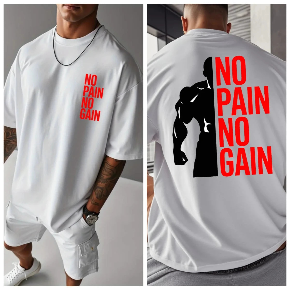 Men's Women NO PAIN NO GAIN GYM T Shirt Cotton Tee Streetwear Oversize Summer Sports Fashion Loose Top Short Sleeve Breathable