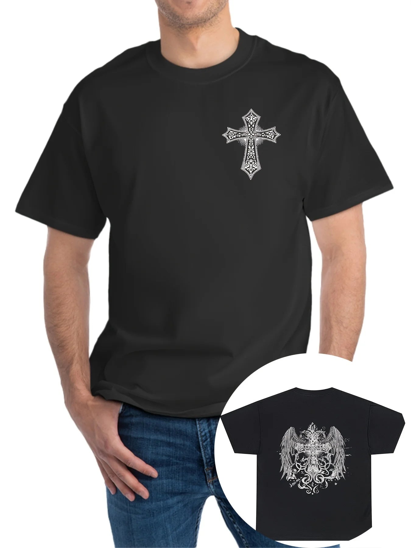 Men's Black Cotton Crew Neck T-Shirt with Stylish Cross & Wings Design – Soft Short Sleeve Tee for Casual