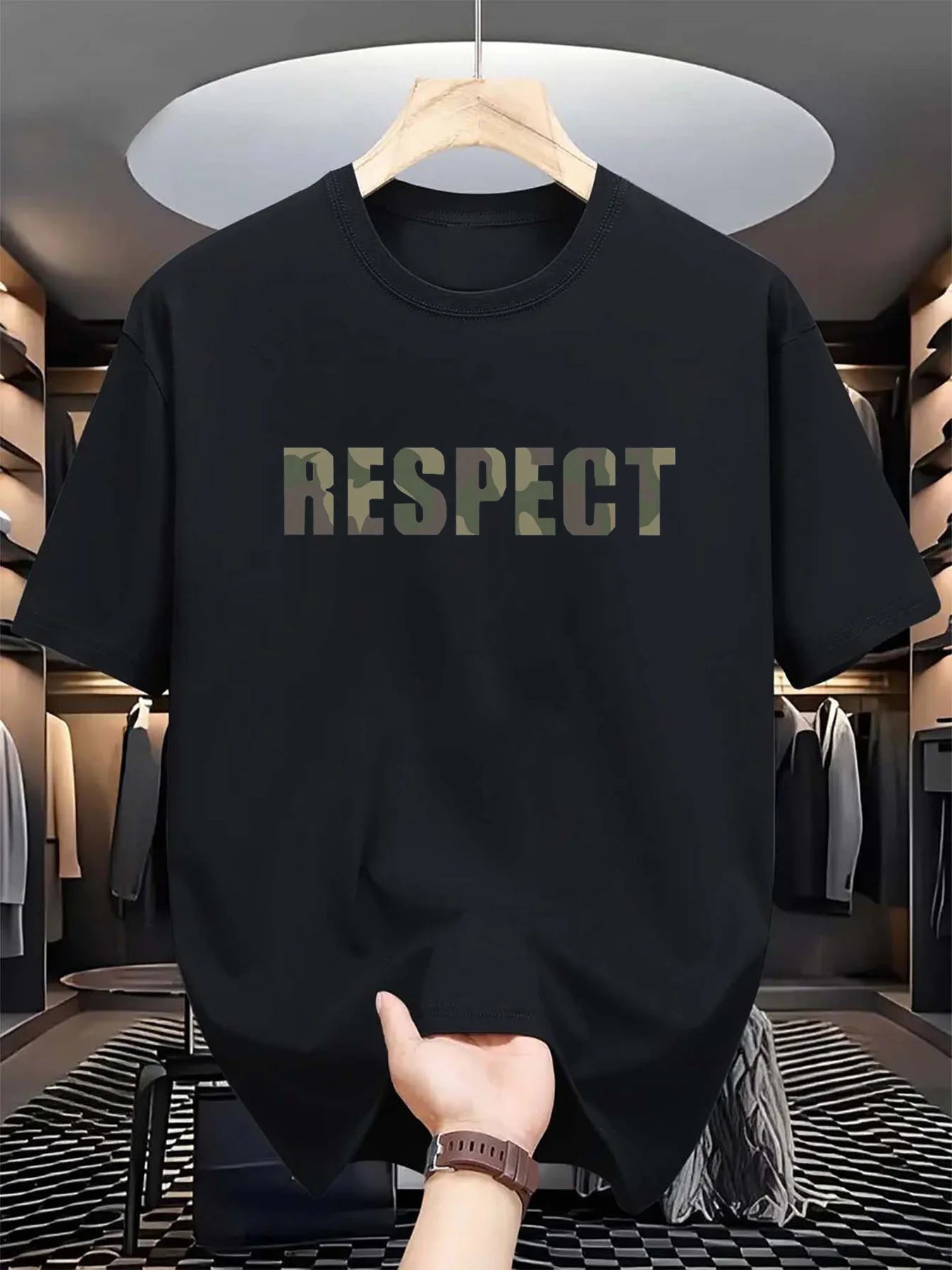 Men's summer 100% pure cotton fashionable casual loose RESPECT camouflage letter printed round neck short sleeved T-shirt top
