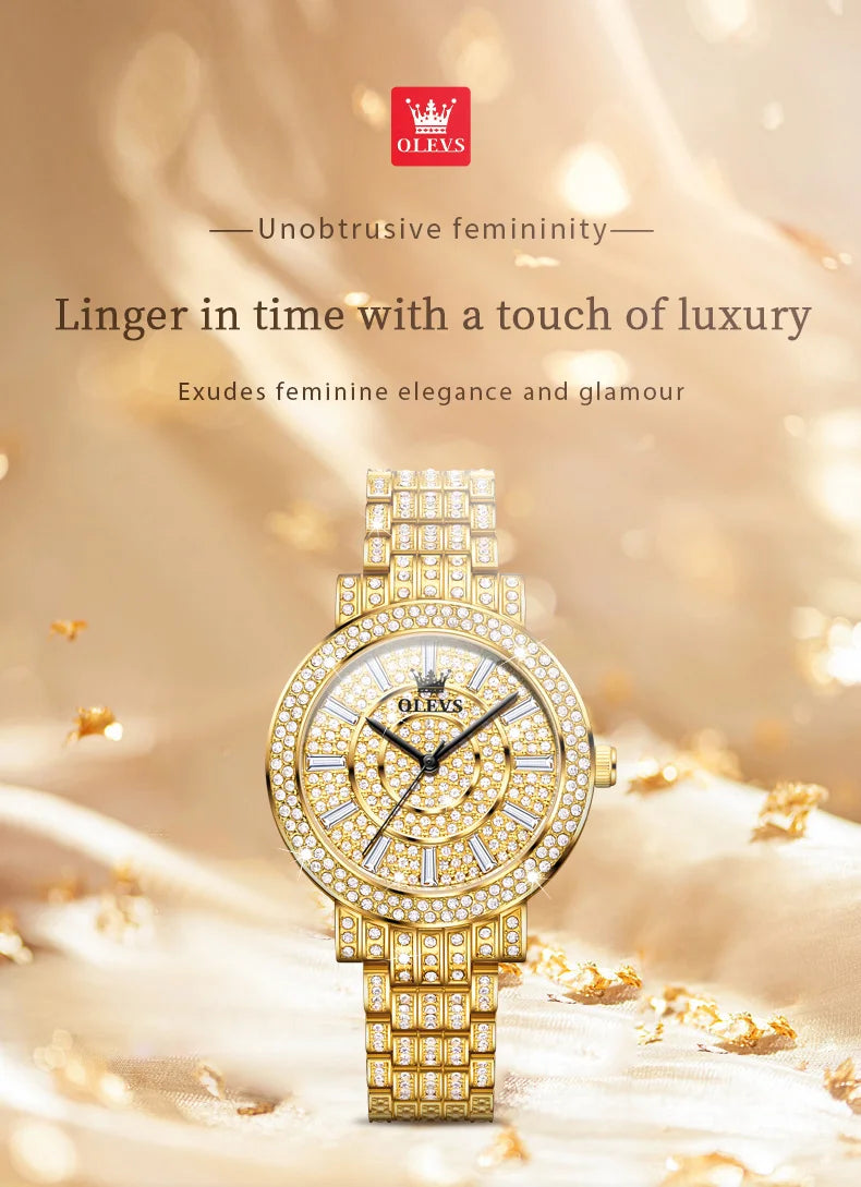 OLEVS Women's Watches Luxury Elegant Full Diamonds Original Quartz Watch for Man Waterproof Stainless Steel Gift Box Bracelet