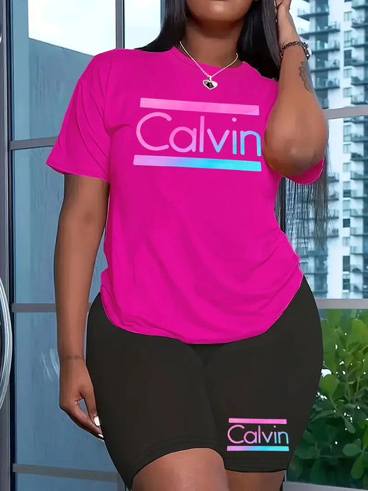 Women's summer casual loose and fashionable Calvin print round neck short sleeved T-shirt+shorts two-piece set