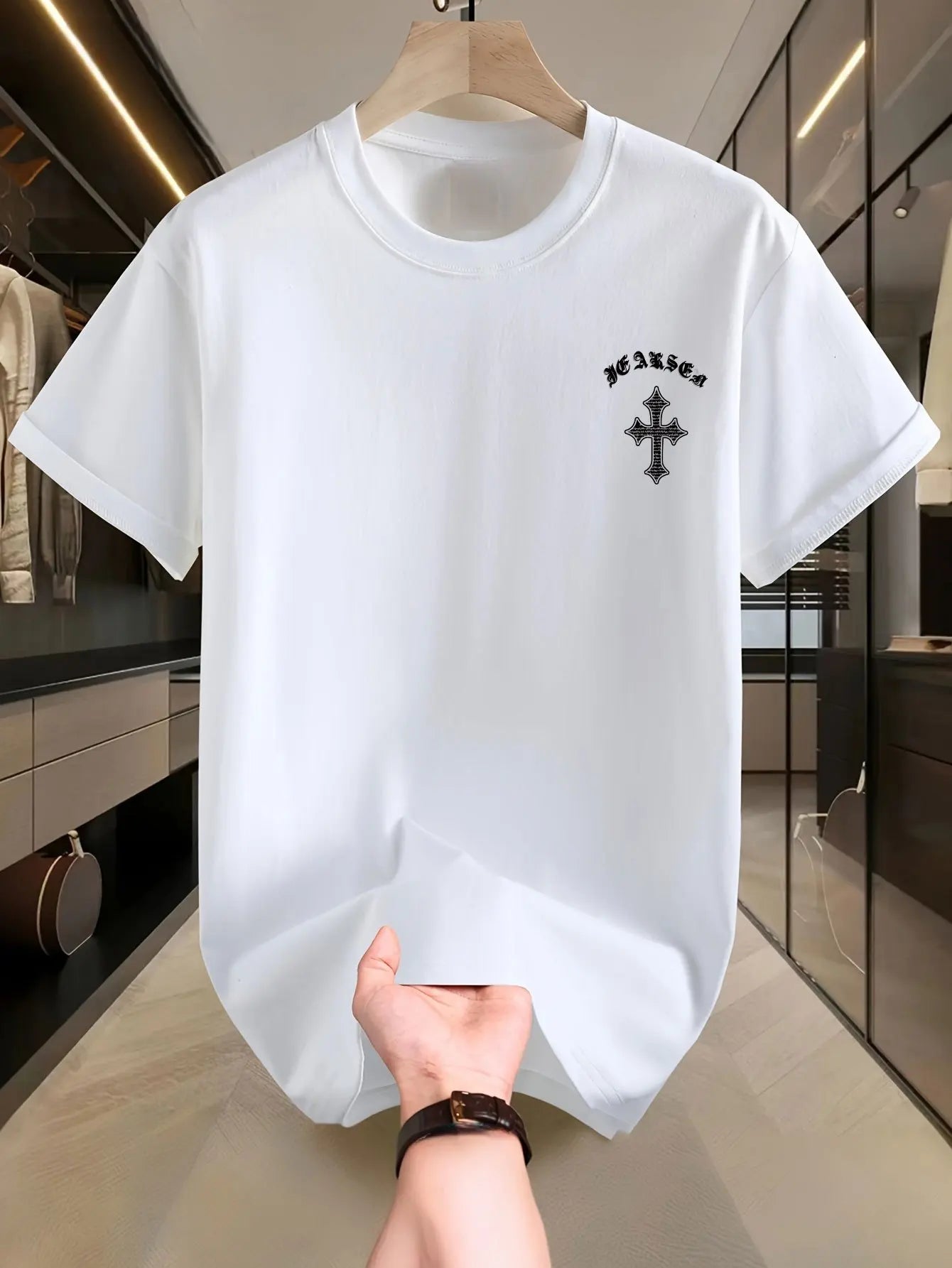 1pc Men'S Vintage Cross Print Cotton T-Shirt, Casual Round Neck Short Sleeve Tee, Summer Knit Fabric