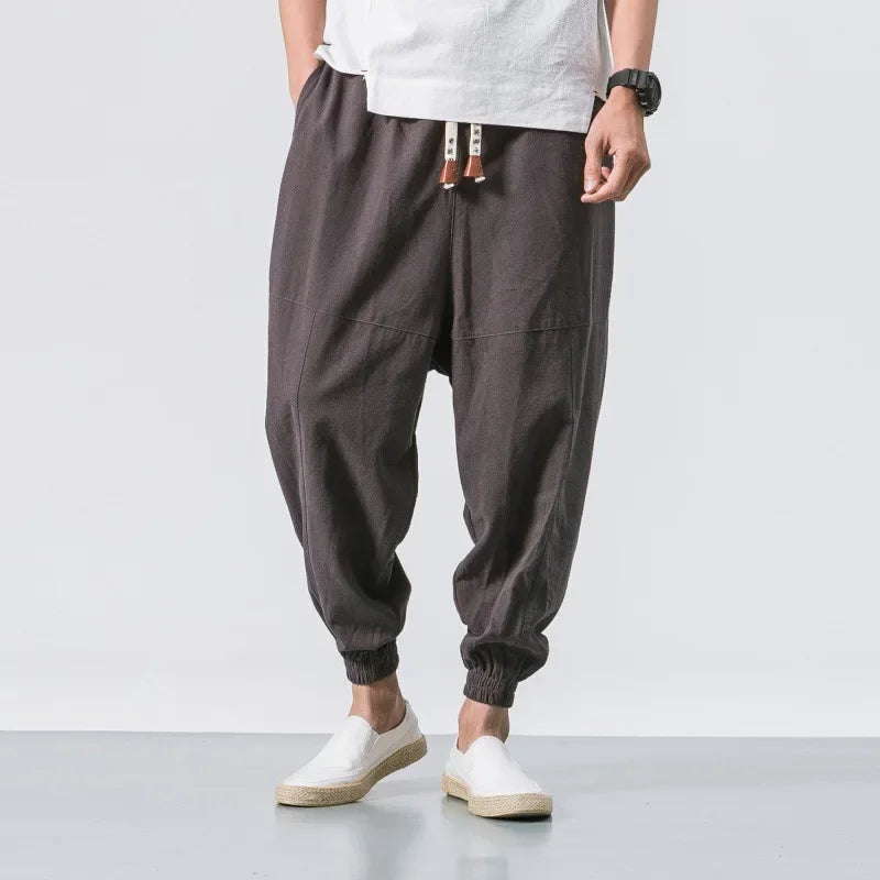 2024 Japanese Style Cotton Linen Pants Plus Size Chinese Style Men's Casual Pants Youth Fashionable Small Feet Harem Pants Whole