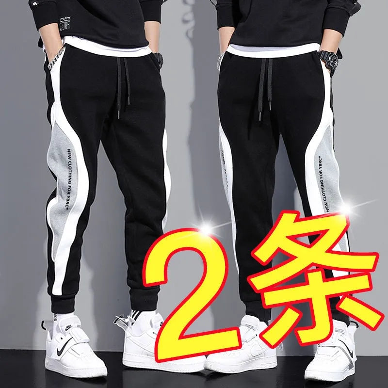 Men's Casual Trousers Spring Autumn Winter Loose Elastic Waist Fce Lined Embroidered Harajuku Sle Warm Trendy Pants