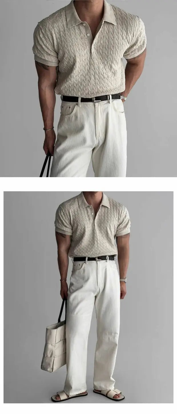 American Sle Hard Man Knitted  irt Muscle Men Slim Fit Elastic ort Sve Turn-down Collar Sweatirt Tight Sve ...