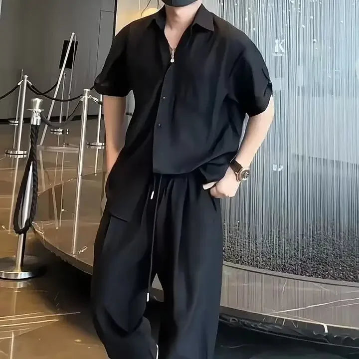 Plain T-shirts Pants Suits for Men Nylon Regular Fit 2025 Trend Two Piece Set Korean Style Loose Novelty in Man Trousers Sets