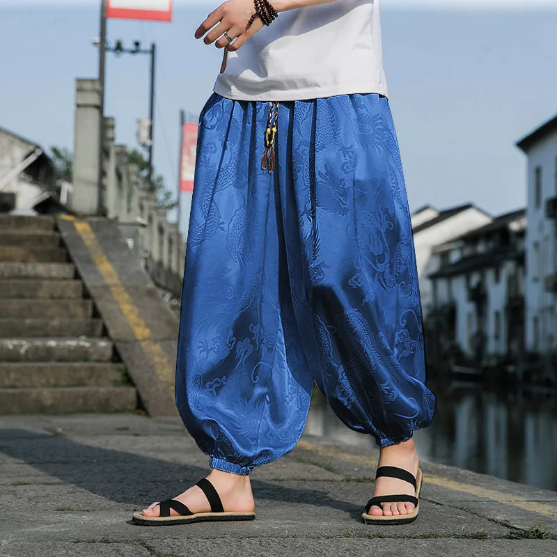 FGKKS 2023 Outdoor Brand Pants For Men Lce Silk Dragon Dark Flower Loose Bloomers High Quality Wide Leg Casual Trousers Male