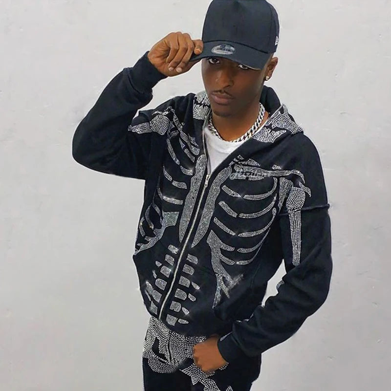 Gothic Long Sleeve Rhinestone Skeleton Hoodie Y2k Jacket Men Hoodies Oversized Full Zip Hoodie Goth Sweatshirt Sport Coat Autumn