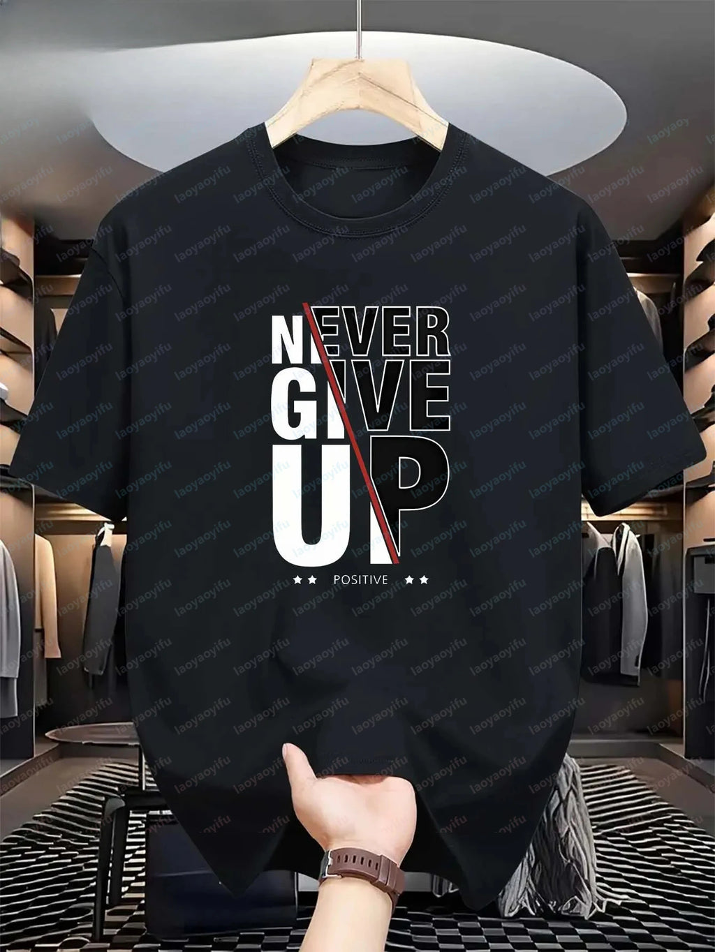 Men's 'Positive' Monogram Print T-Shirt Never Give Up Fashion Letter Graphic Casual Short-Sleeved Comfortable Top Goth T-shirts