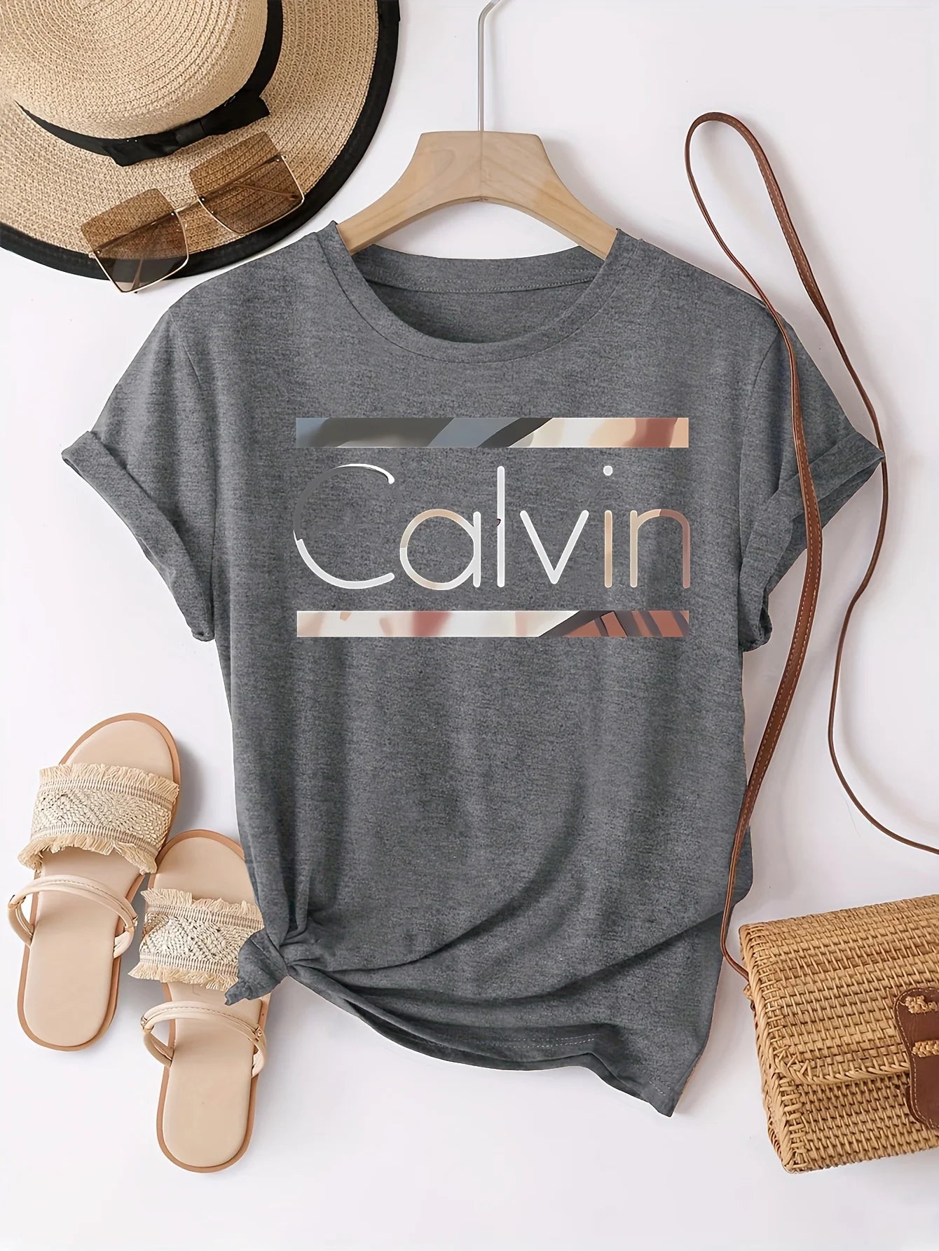 Women's Summer 100% Cotton Fashion Casual Calvin Letter Pattern Printed Loose Round Neck Short Sleeve T-shirt Top
