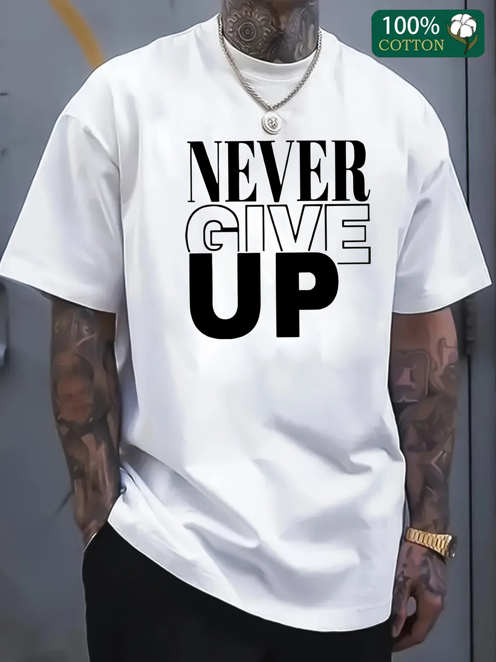Men's summer 100 cotton fashionable casual sports loose Never give up letter printed round neck short sleeved T-shirt top