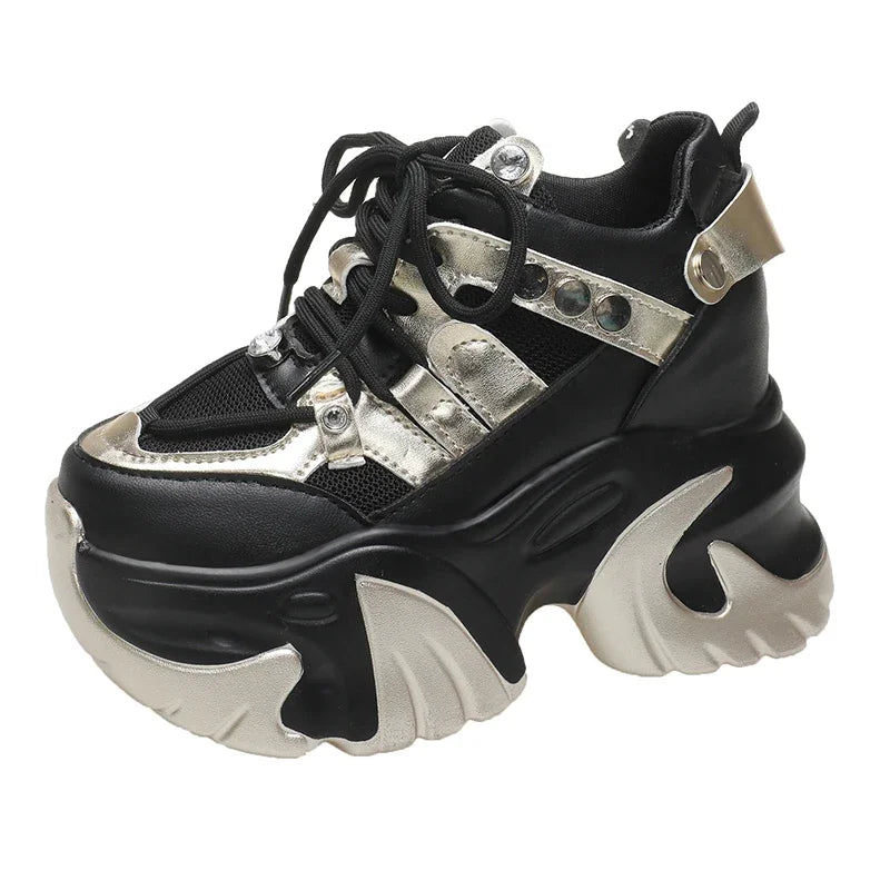 10CM New 2024 Spring Women Chunky Sneakers Heels Lace-up High Platform Sports Shoes Woman Breathable Mesh Shoes Leather Sneakers