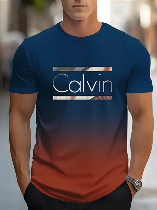 Men'S Customizable "Calvin" Gradient Print T-Shirt - Casual Crew Neck, Short Sleeve, Slight Stretch Fabric 100%polyster