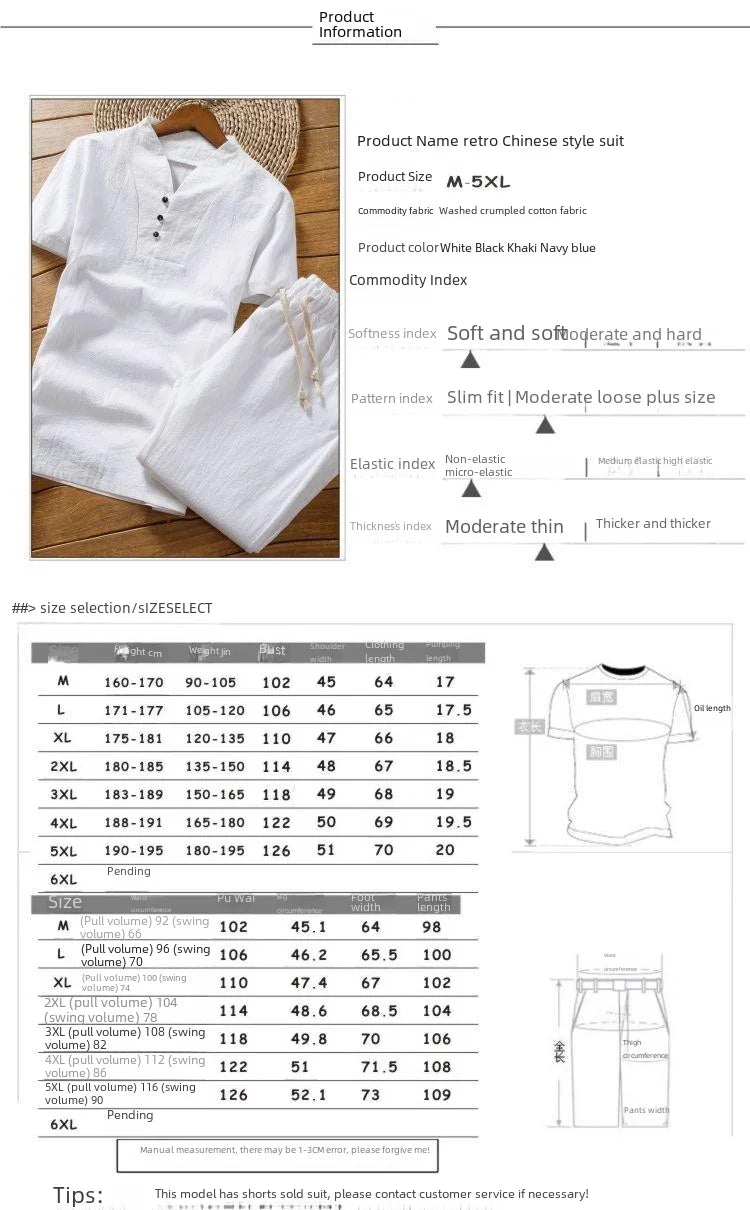 Chinese Style Linen Suit Men's Summer Short Sleeve Hanfu Ancient Buddhist System Zhenshi V-neck T-shirt Cotton Linen 2-piece Set