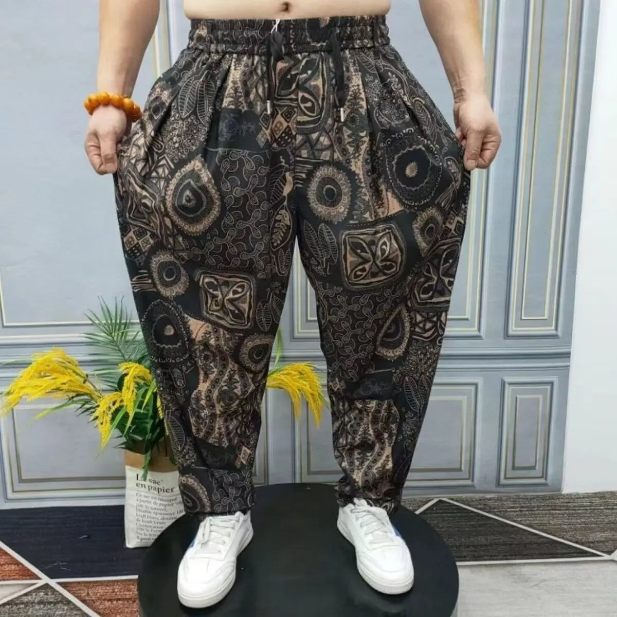 High-End Casual Harem Pants for Men Loose Comfortable Slimming Printed Polyester Fiber Summer Cool Sensation Faion Brand