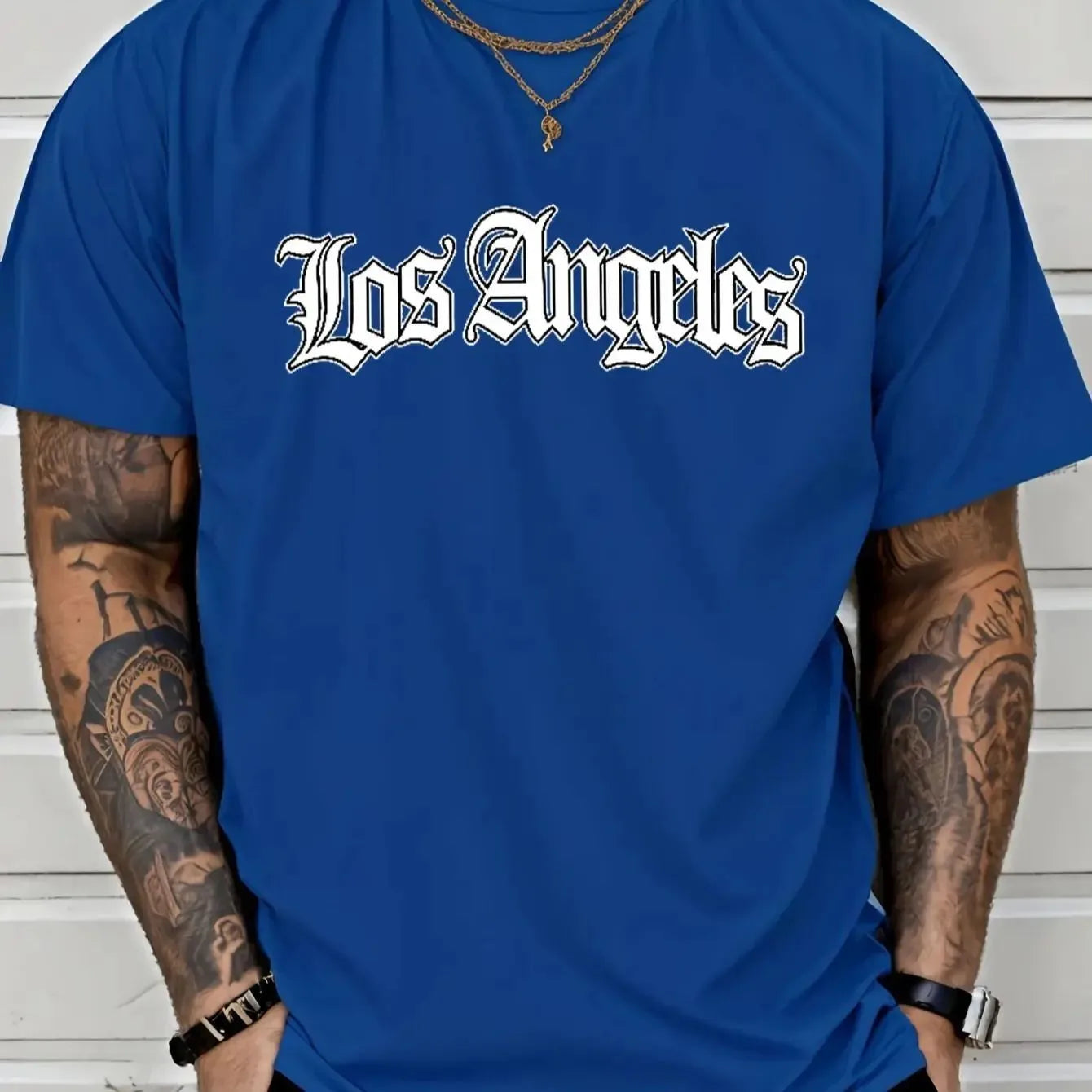 New men's casual polyester fabric breathable round neck T-shirt with letter print pattern suitable for outdoor shopping wear