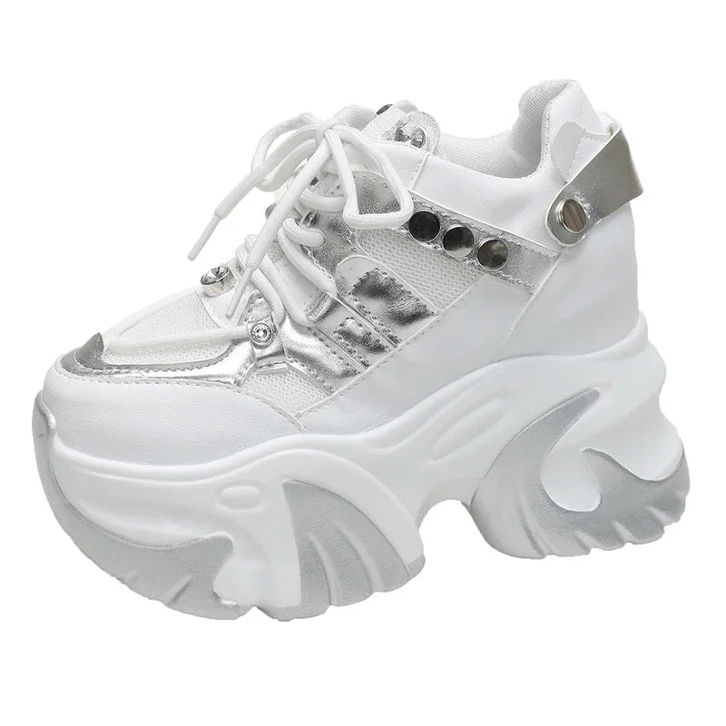 10CM New 2024 Spring Women Chunky Sneakers Heels Lace-up High Platform Sports Shoes Woman Breathable Mesh Shoes Leather Sneakers