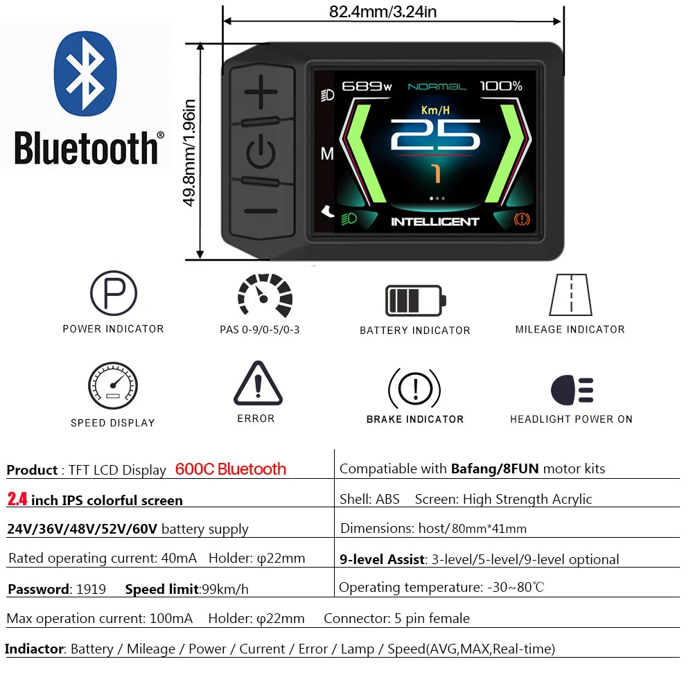 Electric Bicycle LCD 600C Bluetooth Display BF-UART Instrument 500C NEW Speed Applicable To Bafang Mid Hub Motor 36V 48V 52V