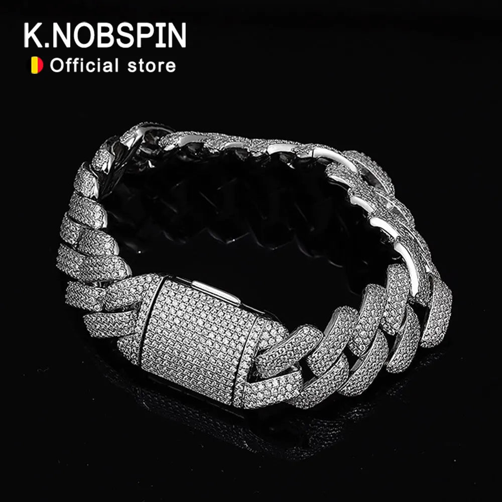 KNOBSPIN D VVS1 All Moissanite Cuban Bracelets for Women Man Hip Hop Party Fine Jewelry with GRA s925 Sterling Sliver Bracelet