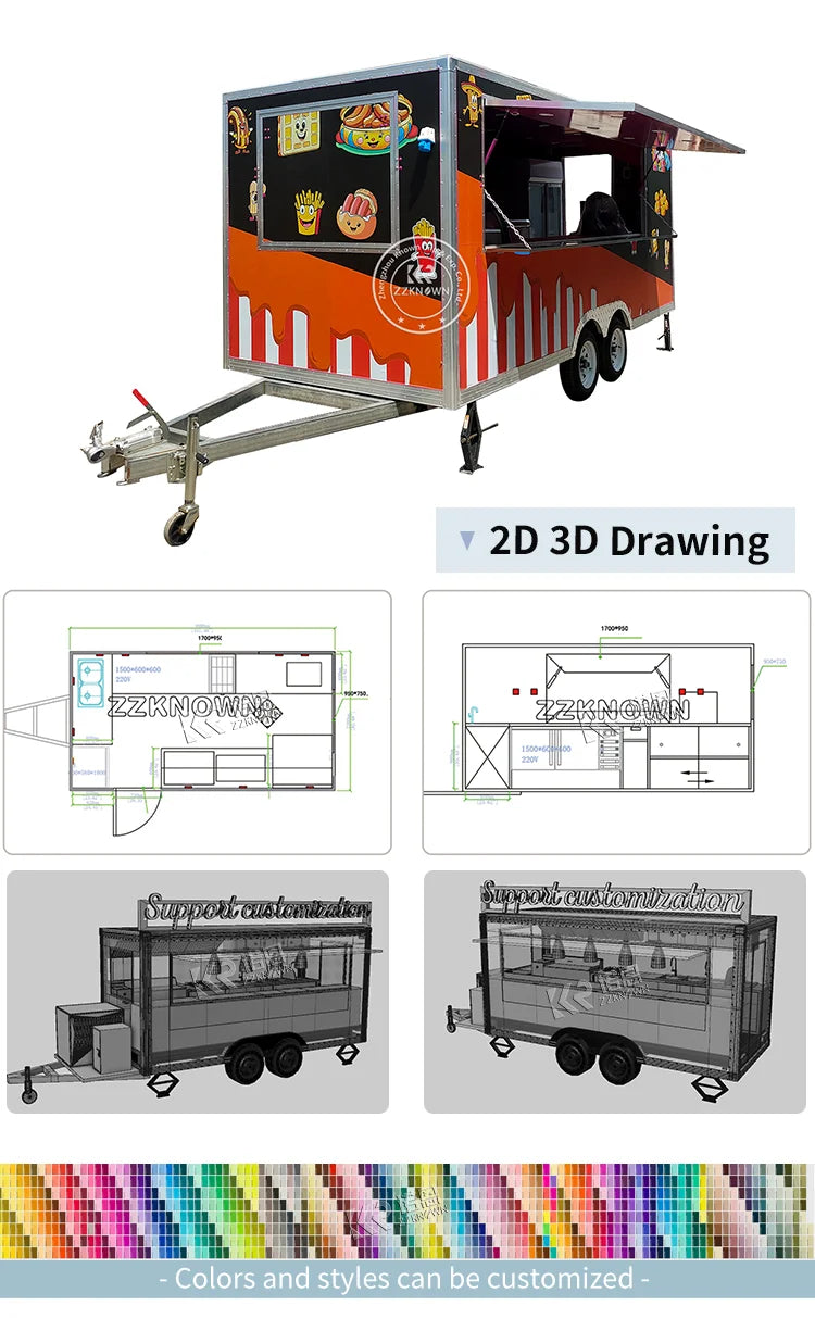 Customizable Stainless Steel Fast Food Truck Hot Dog Pizza Coffee Ice Cream Mobile  Food Trailer With Full Equipment