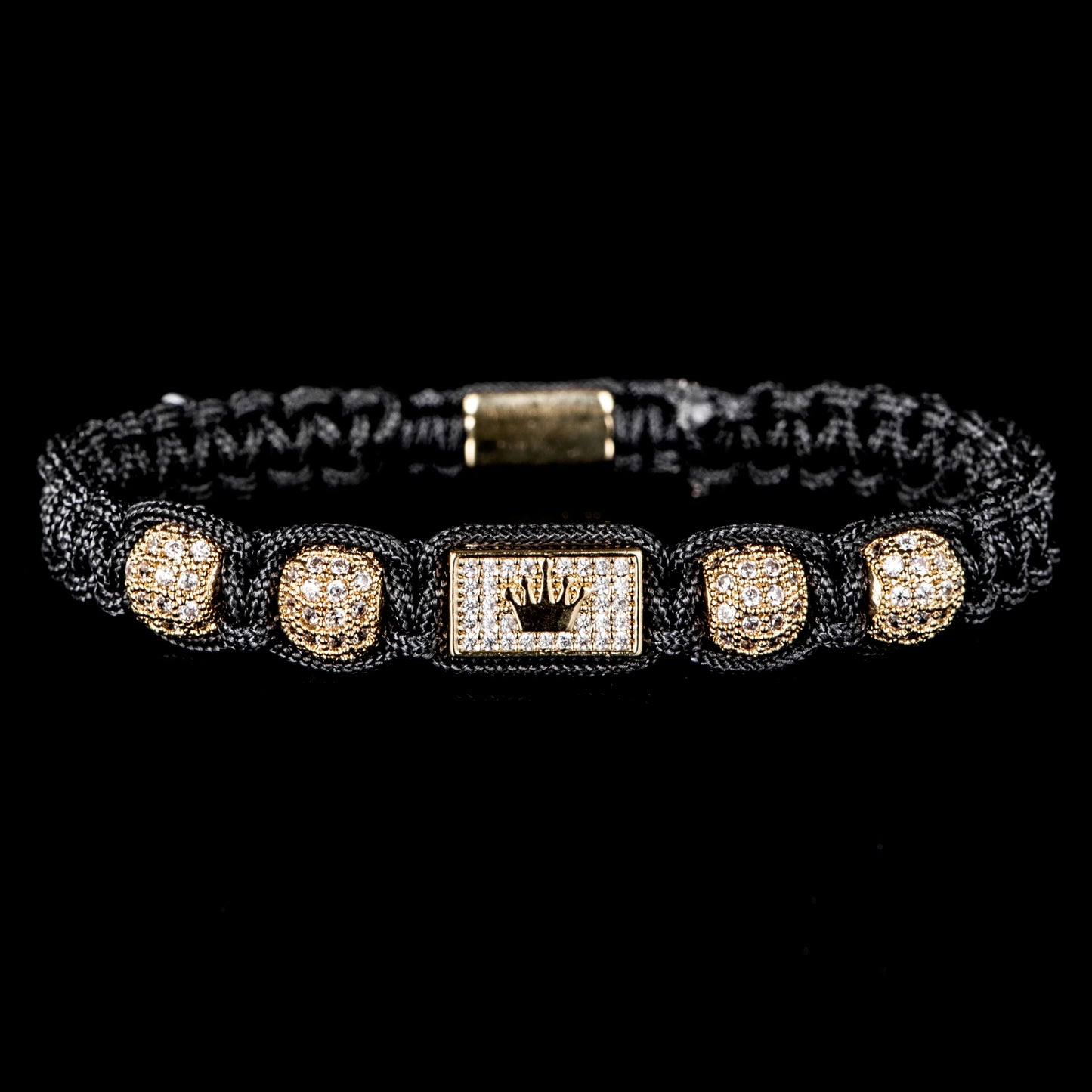 New Men's Adjustable Black Braided Crown Design Bracelet with Sparkling Synthetic Zirconia Stones Elegant GoldenTone Rectangular