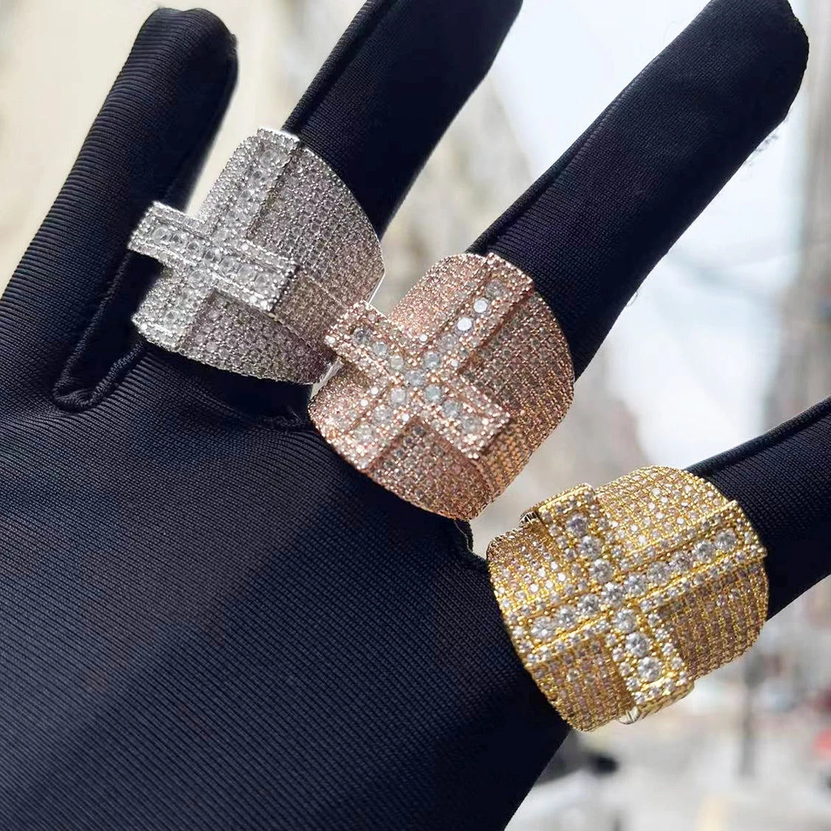 Bubble Letter Cross Ring for Men Iced Out Real Gold Plated Bling Fashion Rapper Hip Hop Jewelry 2022 Dropshipping Best Selling