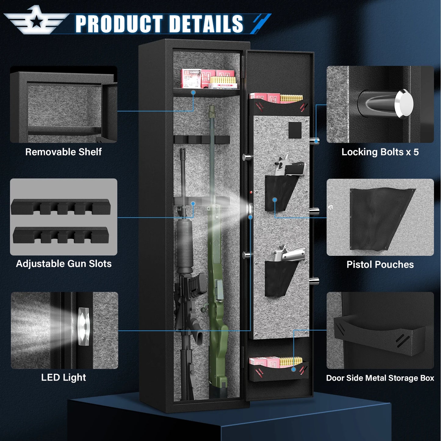 Kavey Biometric Fingerprint Gun Safe, Quick Access Gun Cabinets with LED Light, Adjustable Gun Rack and Removable Shelf