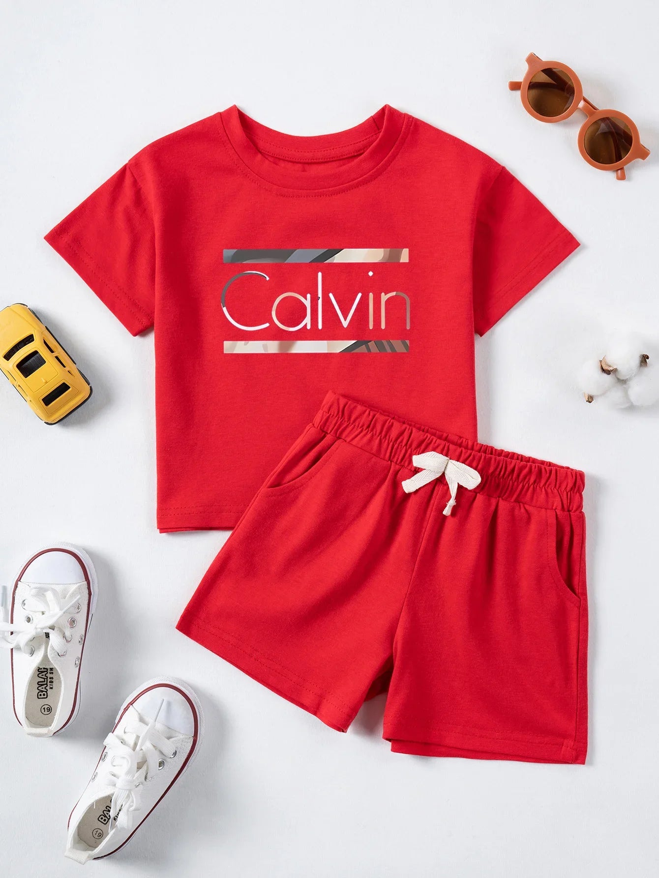 Children Calvin Letter Print Suits Cotton T-shirts + Shorts 2PCS Clothes Sets Boys Girls Fashion Outfits 1-7Y
